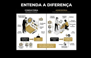 Infográfico comparativo explicando a diferença entre assessoria e consultoria. À esquerda, "CONSULTORIA" mostra um especialista analisando estratégias com uma lupa. À direita, "ASSESSORIA" mostra a execução conjunta