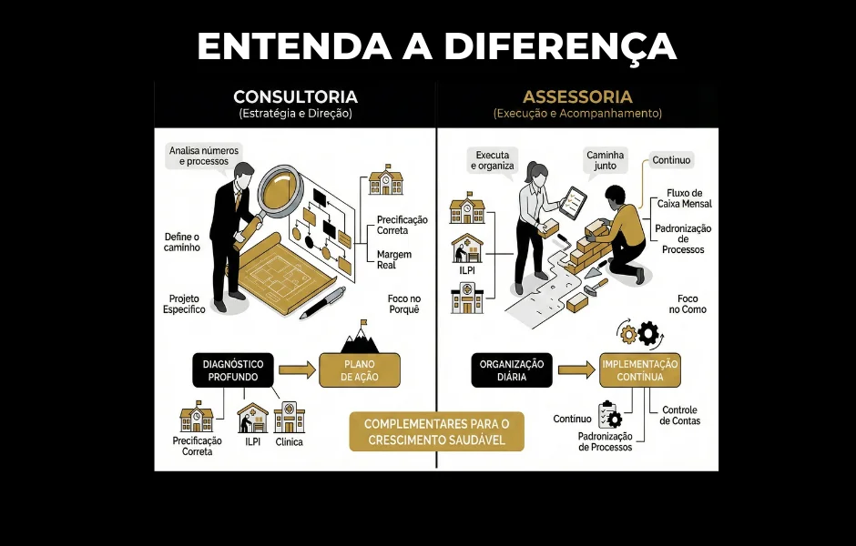Infográfico comparativo explicando a diferença entre assessoria e consultoria. À esquerda, "CONSULTORIA" mostra um especialista analisando estratégias com uma lupa. À direita, "ASSESSORIA" mostra a execução conjunta
