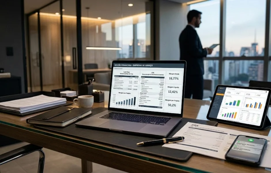 Imagem representando gestão financeira para empresas de serviço com dashboard financeiro, fluxo de caixa e relatórios estratégicos organizados em ambiente corporativo moderno.