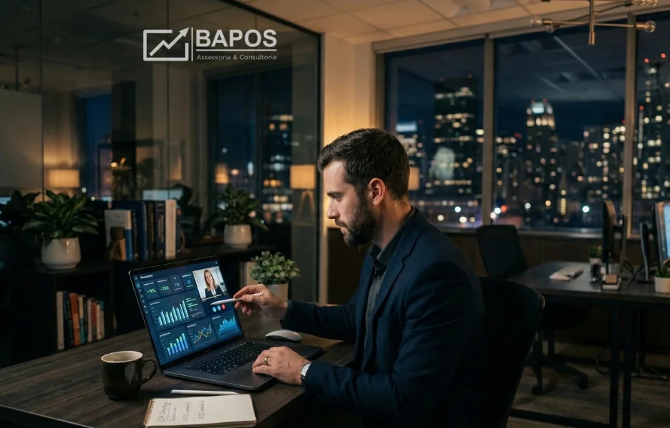 Consultoria Empresarial online ajudando empresário de empresa de serviços a analisar indicadores financeiros e tomar decisões estratégicas em ambiente digital.