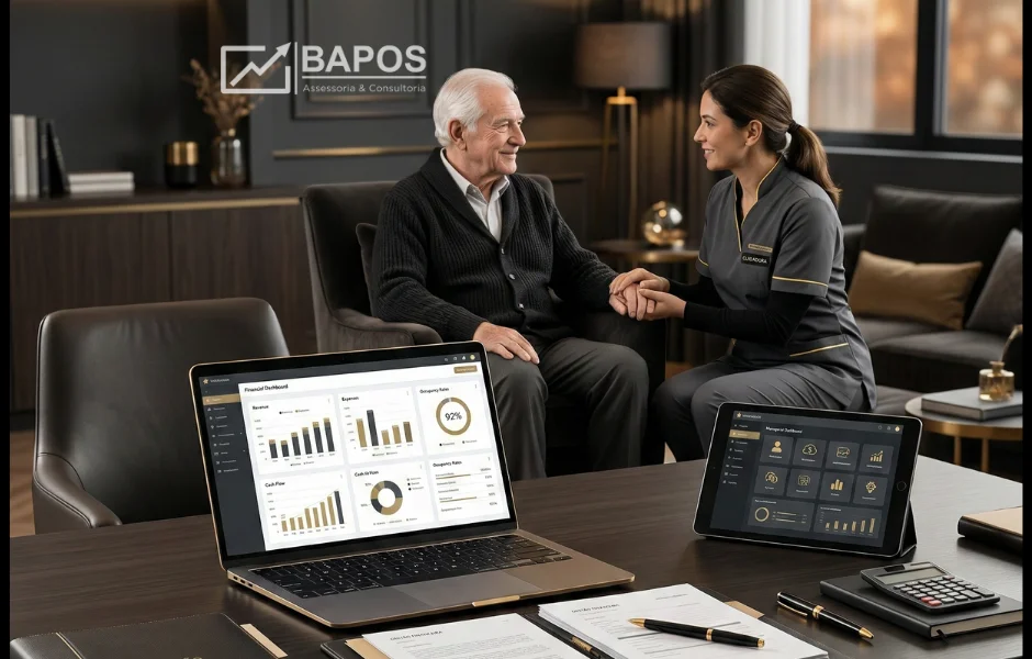 Imagem representando Gestão Financeira para ILPIs com notebook exibindo fluxo de caixa, relatórios financeiros e ambiente organizado de instituição de longa permanência para idosos ao fundo.