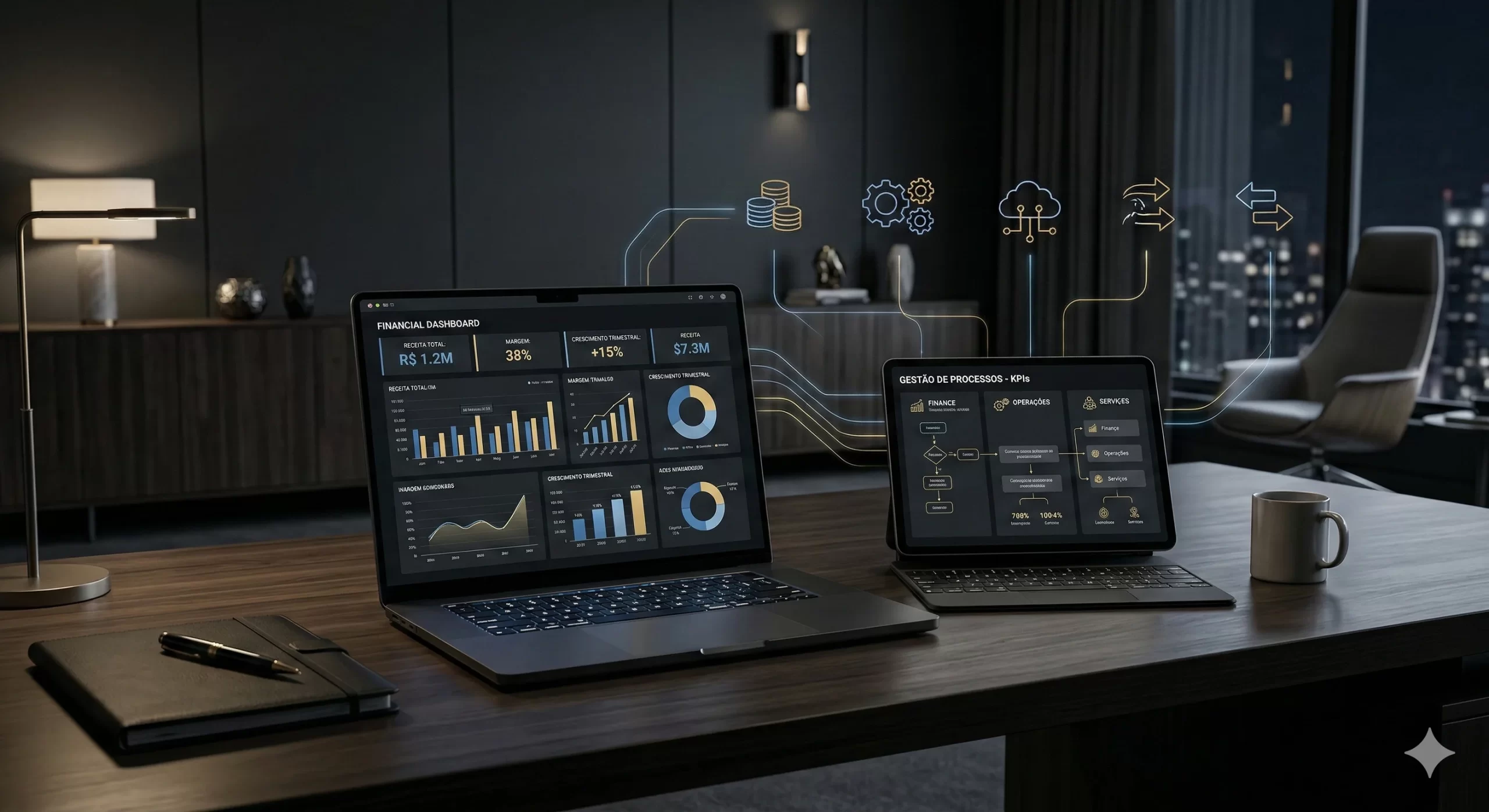 Dashboard estratégico representando tecnologia empresarial integrada ao financeiro, processos e automação em ambiente corporativo com fundo escuro.