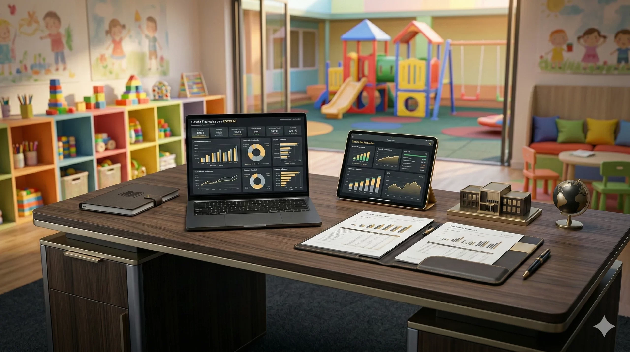 Imagem representando Gestão Financeira para ESCOLAS com notebook exibindo relatórios financeiros, gráficos de fluxo de caixa e documentos organizados em mesa corporativa com fundo escuro.