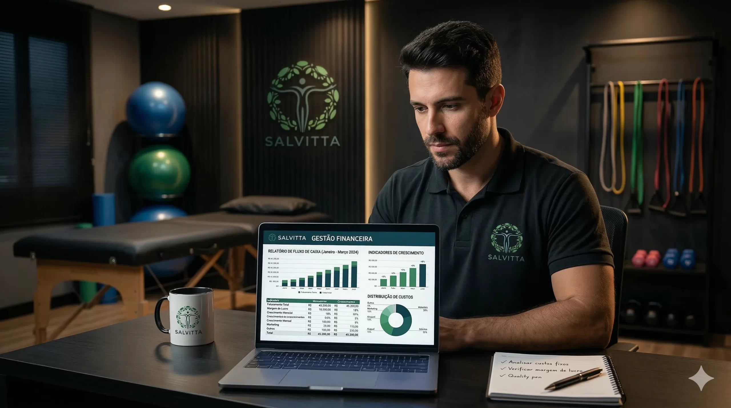 Gestão financeira aplicada à Fisioterapia, com profissional analisando indicadores financeiros e desempenho de uma clínica de fisioterapia.