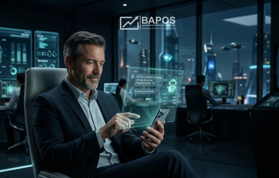 Chatbot com IA para empresas de serviço sendo utilizado por empresário analisando dados no celular em ambiente corporativo